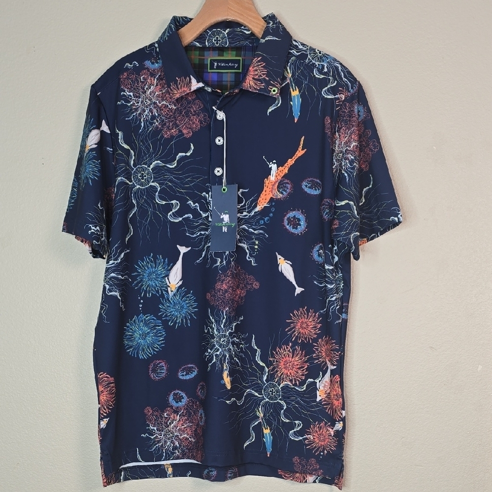 William Murray Electric Sea  Men's Navy Koi Polo Shirt Size M nWT.